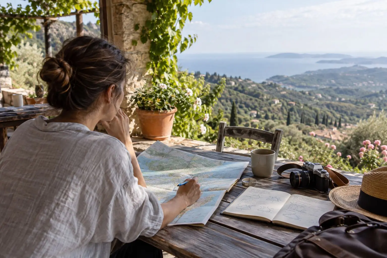 Une voyageuse consulte une carte sur une terrasse face aux collines.