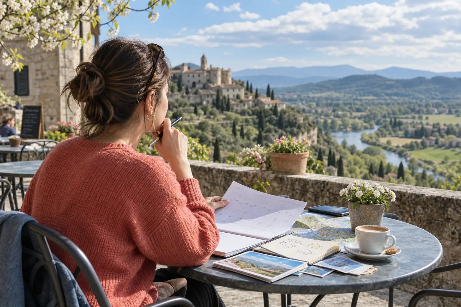 Voyageuse comparant calendrier et météo depuis une terrasse au printemps.
