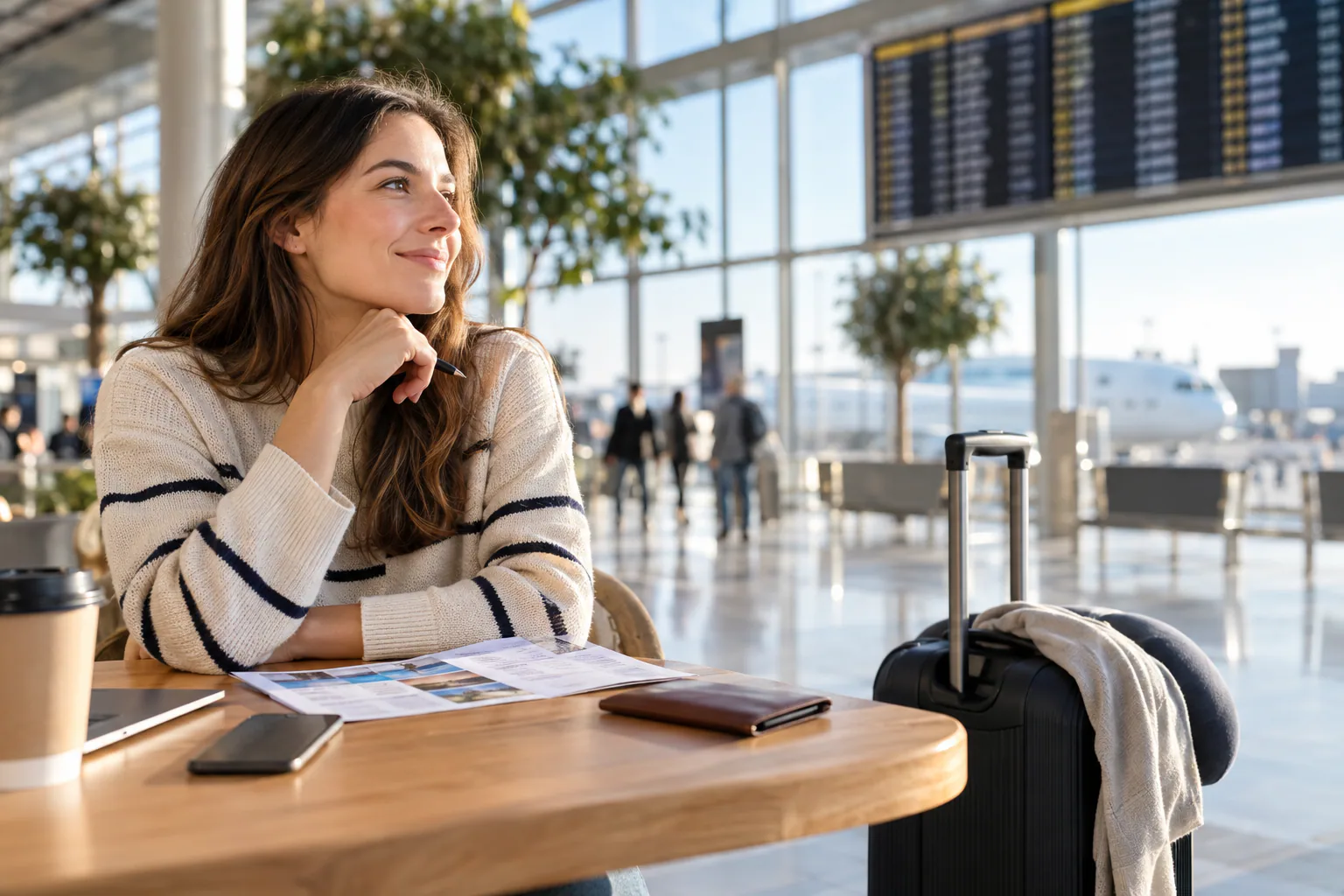 Voyageuse préparant son premier départ international dans un aéroport lumineux.