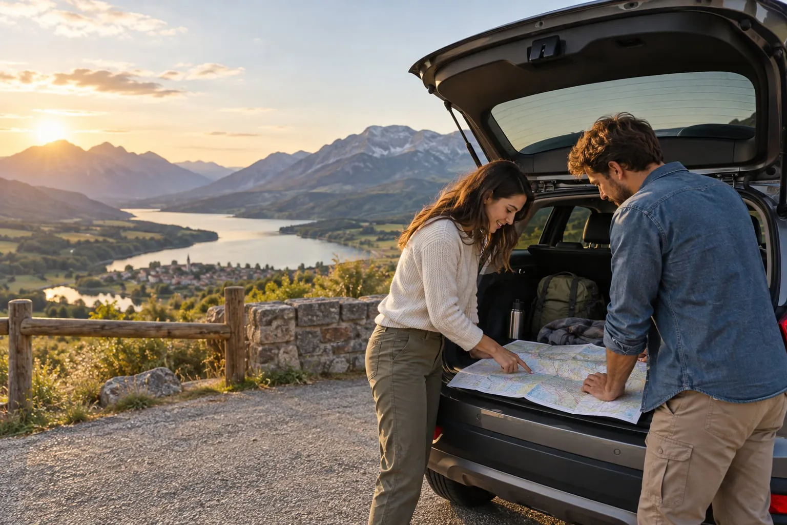Deux voyageurs préparant leur prochaine étape près d’une voiture sur une aire panoramique.