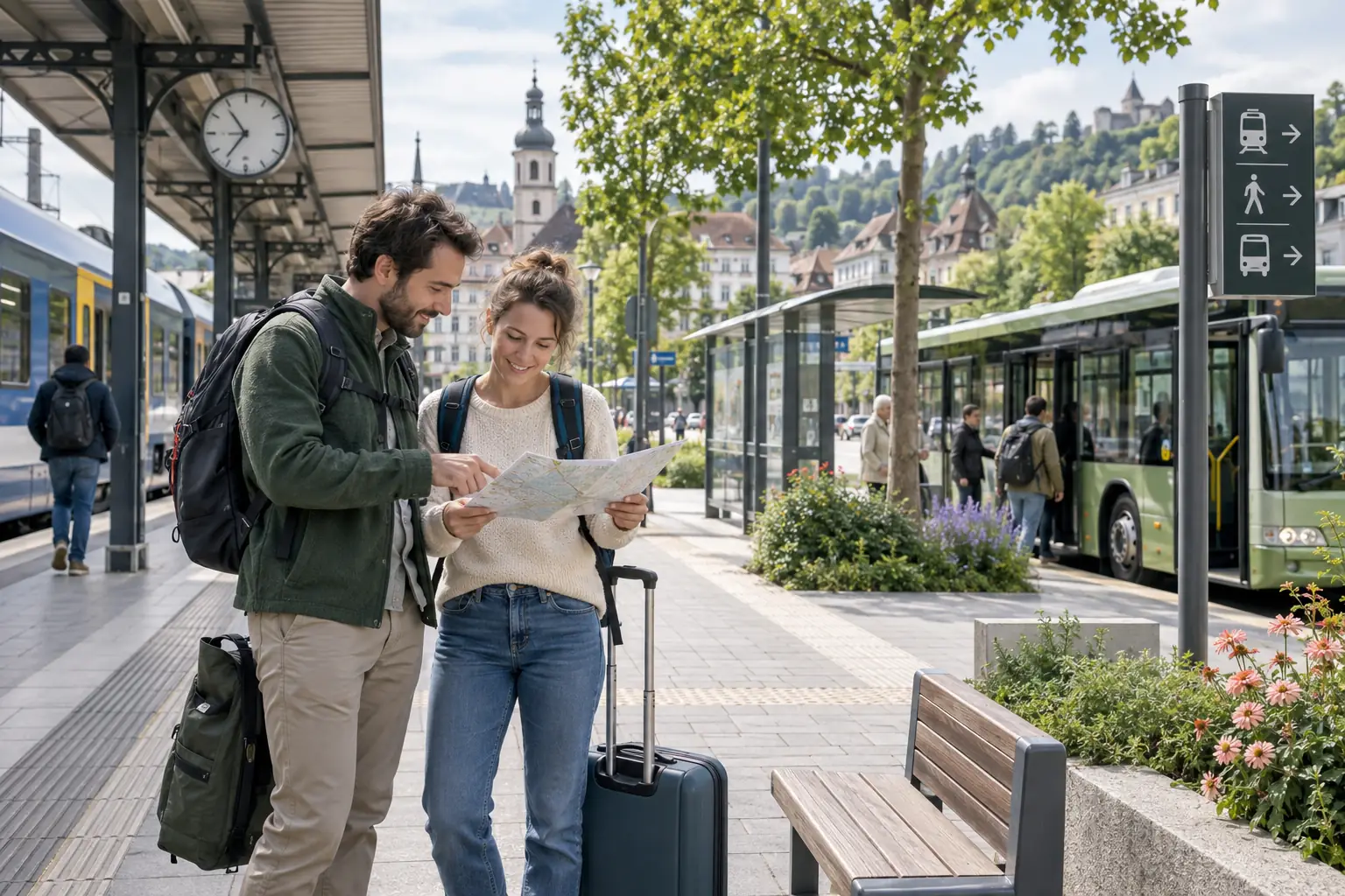 Deux voyageurs préparent leur correspondance entre un train régional et un bus local.