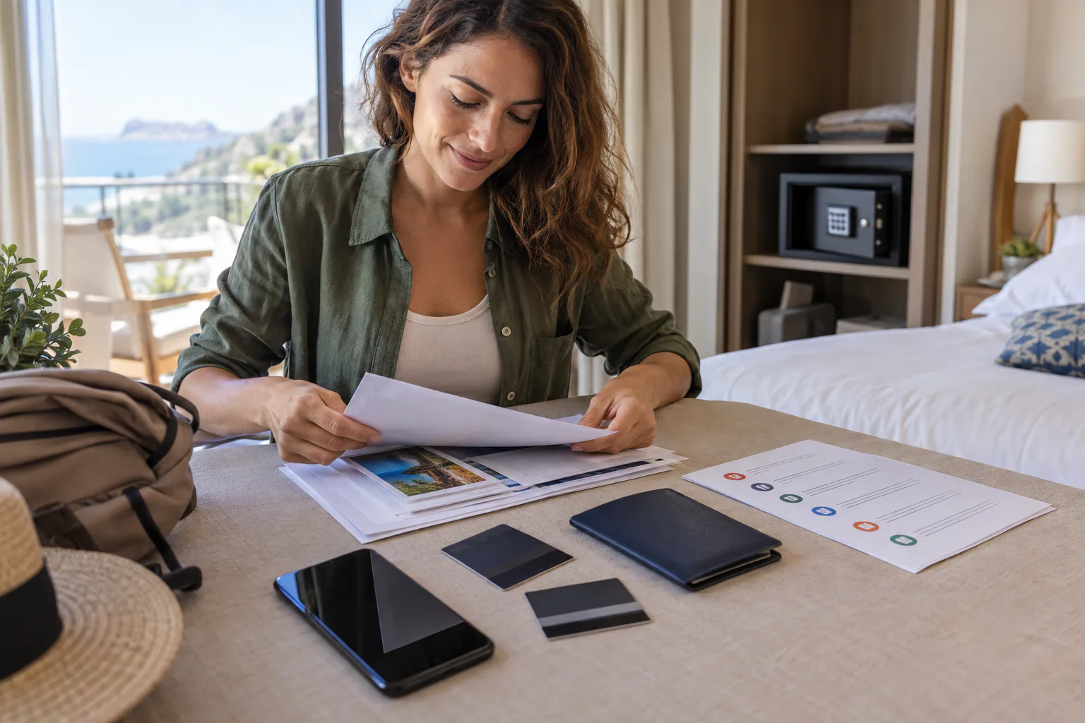 Voyageuse organisant ses documents et moyens de paiement dans une chambre lumineuse.