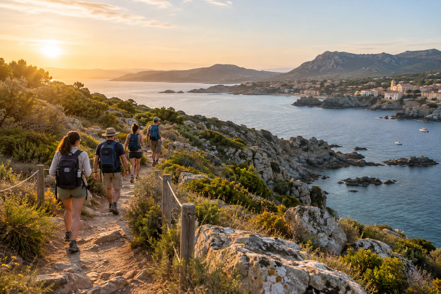 Petit groupe de voyageurs suivant un sentier côtier avec un guide local.