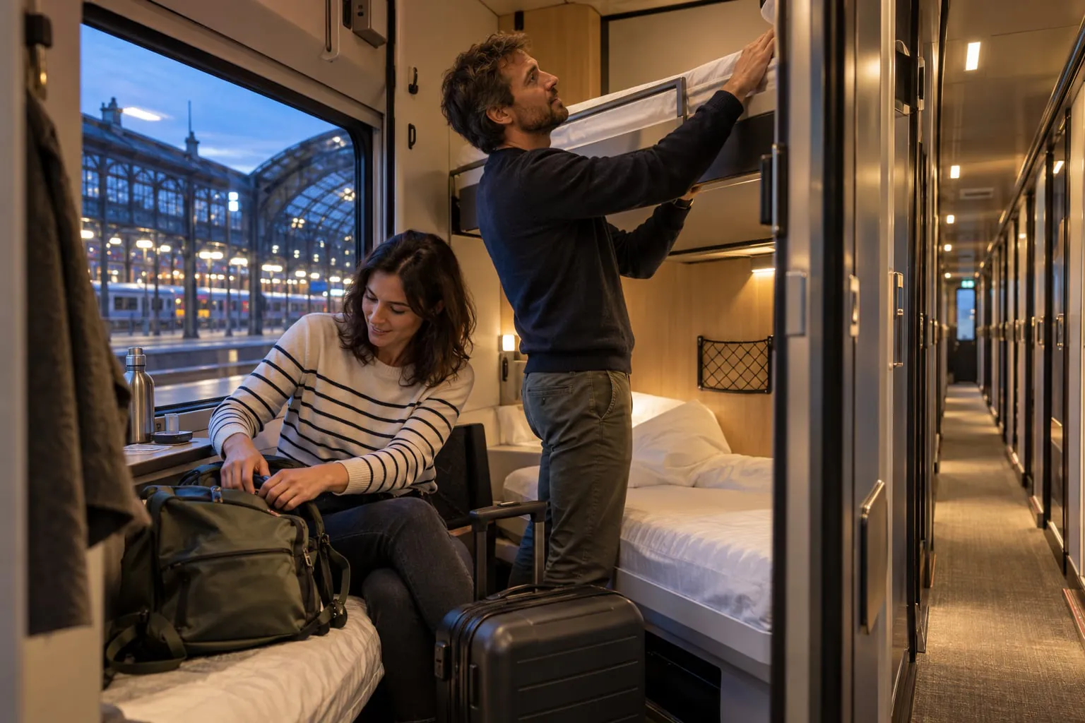 Deux voyageurs s’installant dans un compartiment de train de nuit.