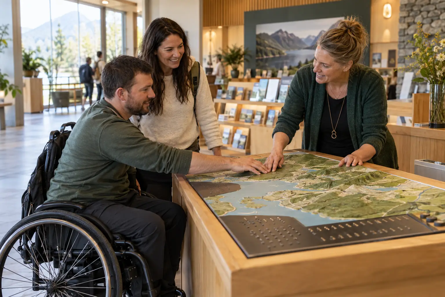 Voyageur en fauteuil roulant échangeant avec une conseillère autour d’une carte tactile.